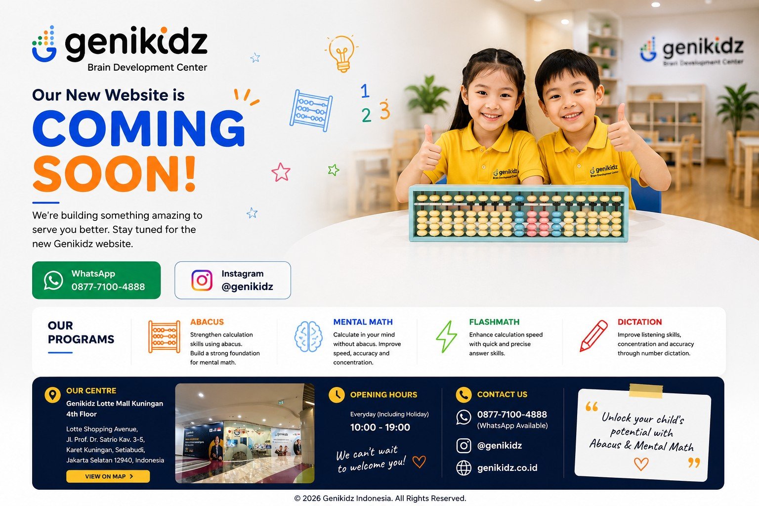 Genikidz Brain Development Center coming soon page with Abacus, Mental Math, Flashmath and Dictation programs, Lotte Mall Kuningan center information, WhatsApp 0877-7100-4888 and Instagram @genikidz.